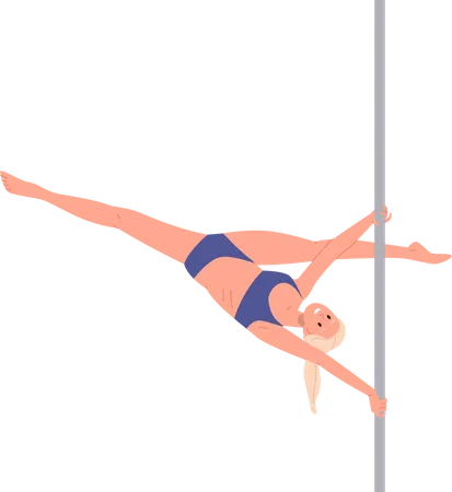 Young athlete woman pole dancer character hanging upside down on pylon  Illustration