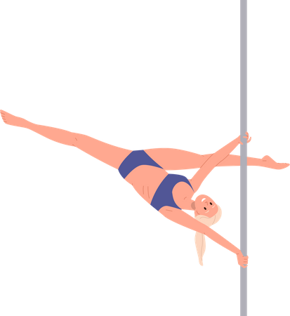 Young athlete woman pole dancer character hanging upside down on pylon  Illustration