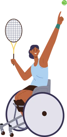 Young Happy Woman Having Disability Playing Big Tennis Sitting In Wheelchair Vector Illustration Female Athlete Cartoon Character Holding Racket In Hand Biting Ball Participating In Championship イラスト