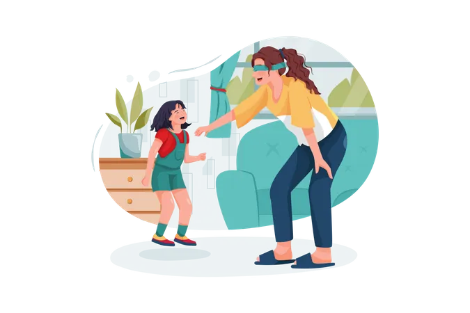 Young babysitter playing funny game with kid girl at home  Illustration