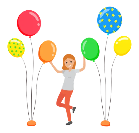 Young Beautiful Girl Dancing Between Balloons Celebration Party Fun Activity Feeling Excited Concept Female Character Dancing Moving Rhythmically Lady In Dance Rejoicing Celebrating Event Illustration