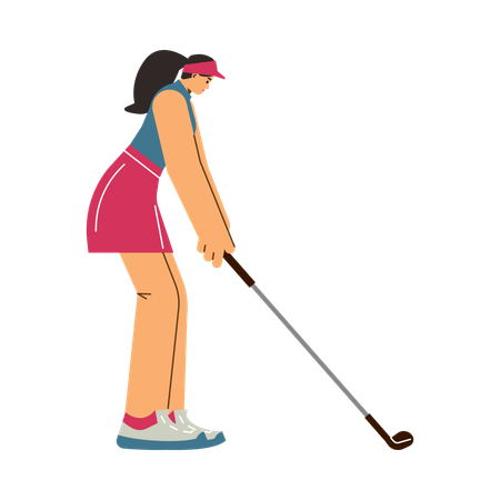 Young beautiful woman playing golf while hitting ball with club  Illustration