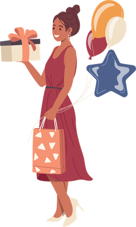 Young beautiful woman wearing festive dress carrying balloons and gift box  Illustration