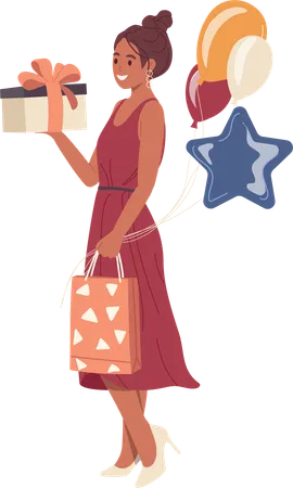 Young Beautiful Woman Cartoon Character Wearing Festive Dress Carrying Balloons Presents Pack And Gift Box Prepared For Congratulation With Birthday Anniversary Standing Isolated Vector Illustration Illustration