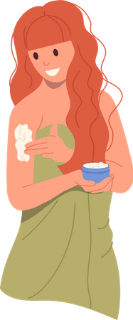 Young beautiful woman wrapped in towel applying body cream using after shower cosmetics  Illustration