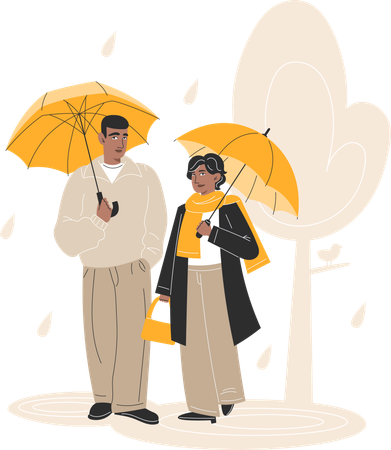 Young Black Couple Walking in the Rain with Umbrella in Autumn Park  Illustration