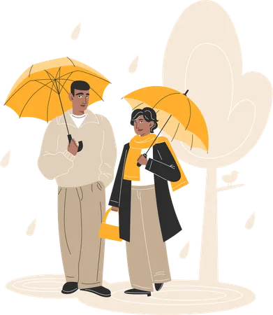Young Black Couple Walking in the Rain with Umbrella in Autumn Park  Illustration