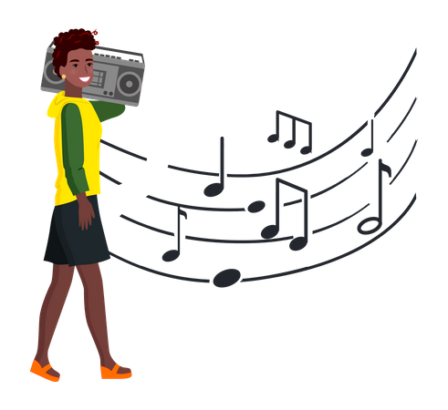 Young black lady listening music in boombox  イラスト