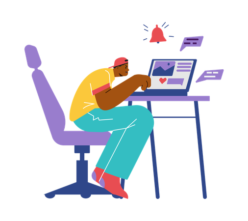 Young black man sitting on chiar while working on laptop  Illustration