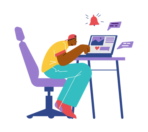 Young black man sitting on chiar while working on laptop  Illustration