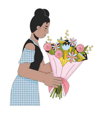 Young Black Woman Getting Bouquet 2 D Linear Cartoon Character African American Female Isolated Line Vector Person White Background Girlfriend Holding Floral Arrangement Color Flat Spot Illustration Illustration