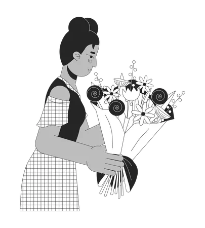 Young Black Woman Getting Bouquet Black And White 2 D Line Cartoon Character African American Female Isolated Vector Outline Person Girlfriend Holding Flowers Monochromatic Flat Spot Illustration Illustration