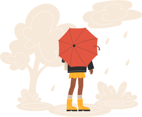 Young Black Woman Walking Away in Rain with Umbrella  Illustration