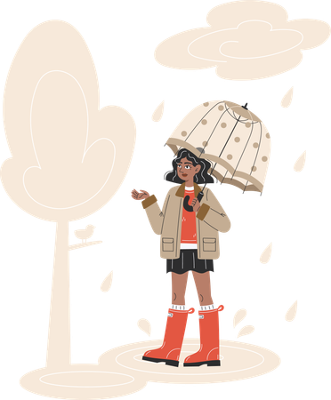 Young Black Woman Walking in Rain with Transparent Umbrella  Illustration