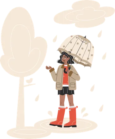 Young Black Woman Walking in Rain with Transparent Umbrella  Illustration