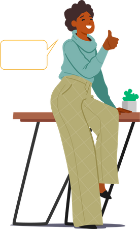 Young Black Woman with Speech Bubble Showing Thumb Up in Office Illustration