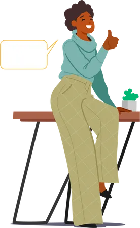 Young Black Woman with Speech Bubble Showing Thumb Up in Office Illustration