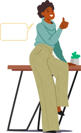 Young Black Woman with Speech Bubble Showing Thumb Up in Office  Illustration