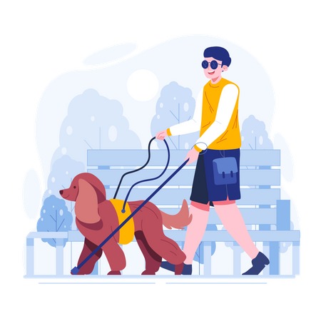 Young  blind man walking with dog  Illustration