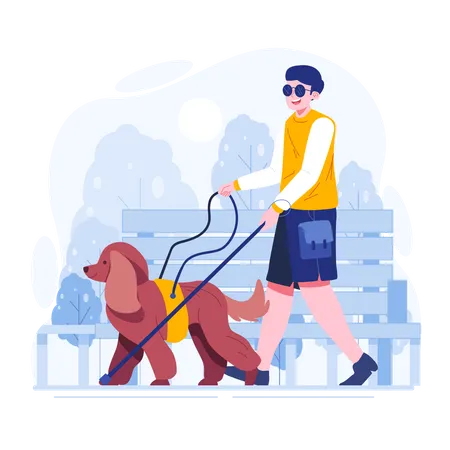Young  blind man walking with dog  Illustration