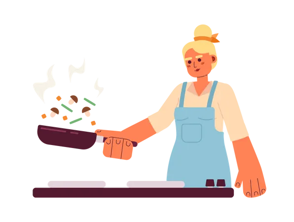 Young Blonde Woman Fry Vegetables Semi Flat Colorful Vector Character Editable Half Body Caucasian Cooking Person On White Simple Cartoon Spot Illustration For Web Graphic Design Illustration
