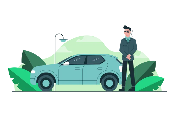 Young bodyguard standing near car  Illustration