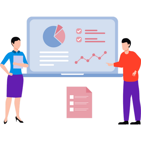 Young boy and a girl are discussing chart analytics  Illustration