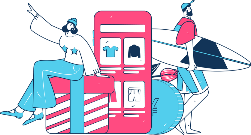 Young Boy And Gir Shopping Online  Illustration