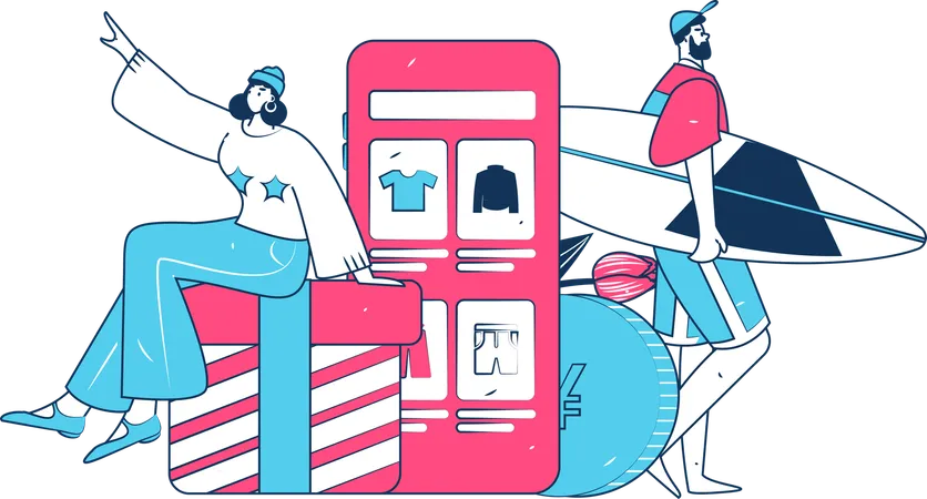 Young Boy And Gir Shopping Online  Illustration