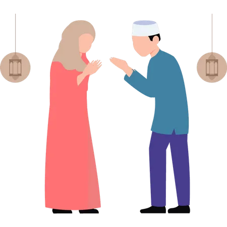 Young boy and girl are standing and praying eachother  Illustration