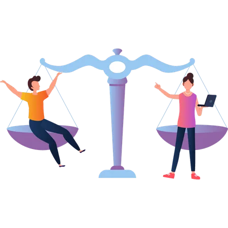Young boy and  girl  balancing  scale  Illustration