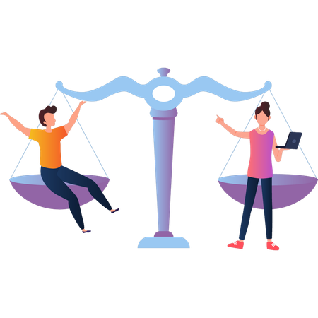 Young boy and  girl  balancing  scale  Illustration