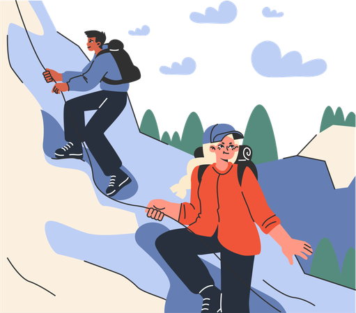 Young boy and girl climbing montain  Illustration