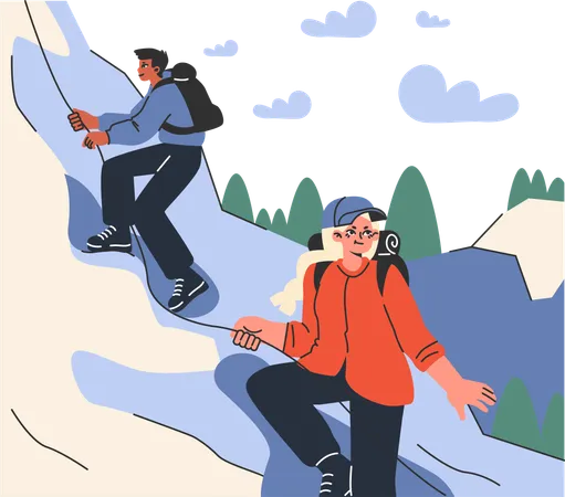 Young boy and girl climbing montain  Illustration