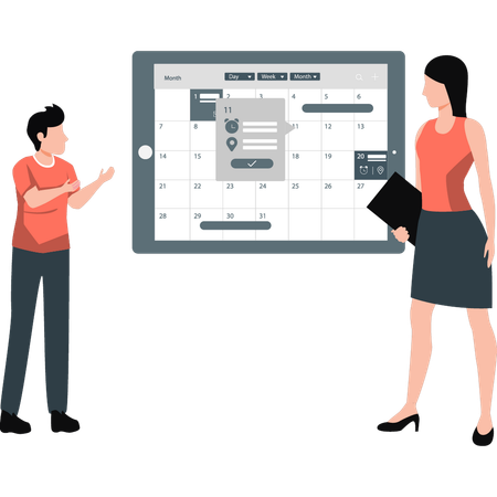 Young boy and girl discussing management calendar  Illustration