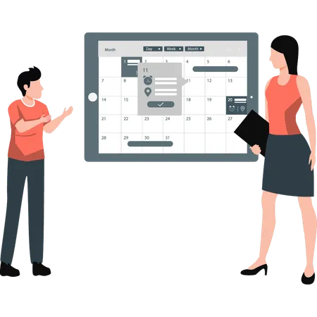 Young boy and girl discussing management calendar  Illustration