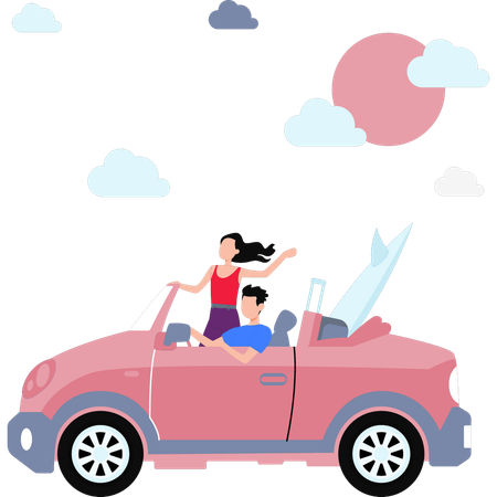 Young Boy And Girl Enjoying In Car  Illustration