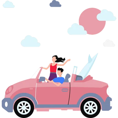 The Boy And The Girl Are Enjoying In Car Illustration