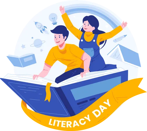 Happy Literacy Day Illustration A Boy And A Girl Flying On A Book Imagination Concept Reading Books Becomes An Adventure Illustration