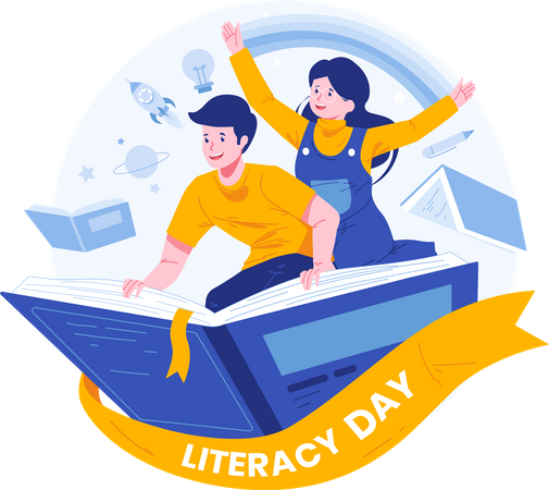 Young Boy and Girl Flying on Book  Illustration