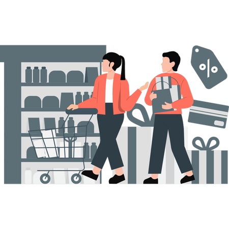 Young boy and girl going for grocery shopping  Illustration