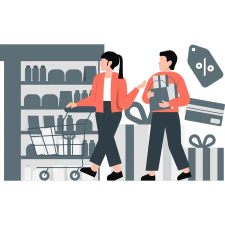 Young boy and girl going for grocery shopping  Illustration