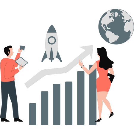 Young boy and girl making business bar graph  Illustration