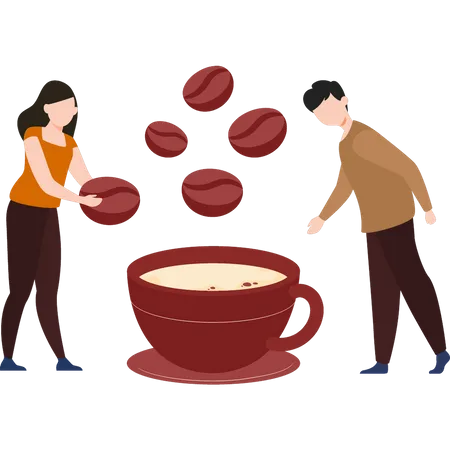 Young boy and girl making coffee  Illustration