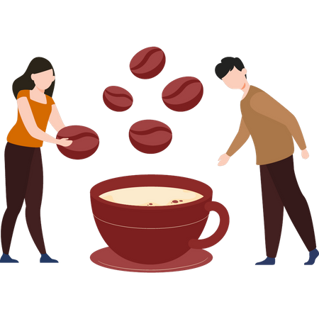 Young boy and girl making coffee  Illustration