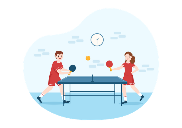 Young boy and girl Playing Table Tennis Illustration