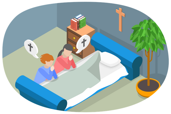 Young boy and girl praying god before go to bed  Illustration