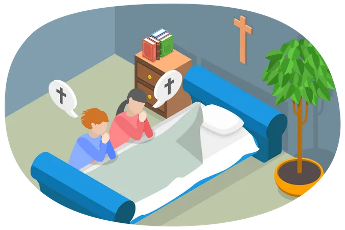 3 D Isometric Flat Vector Conceptual Illustration Of Praying Kids Before Bedtime Christianity And Religion Illustration