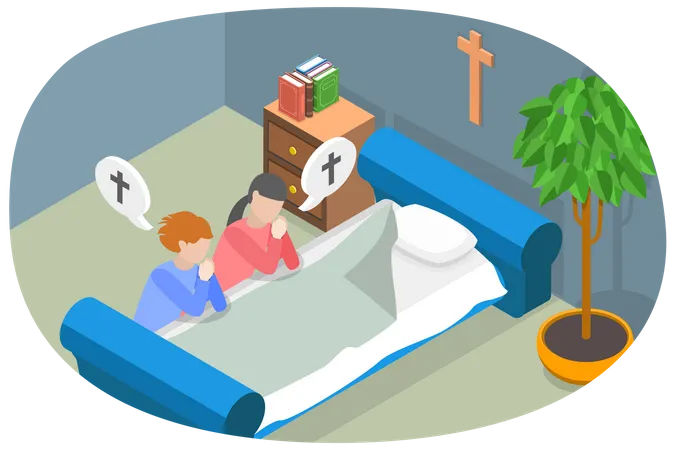 Young boy and girl praying god before go to bed  Illustration