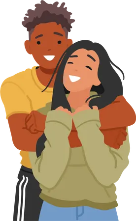 Innocent Embrace A Young Boy And Girl Share A Warm Friendly Hug Male And Female Character Radiating Smiles And Genuine Affection Between Close Friends Cartoon People Vector Illustration Illustration